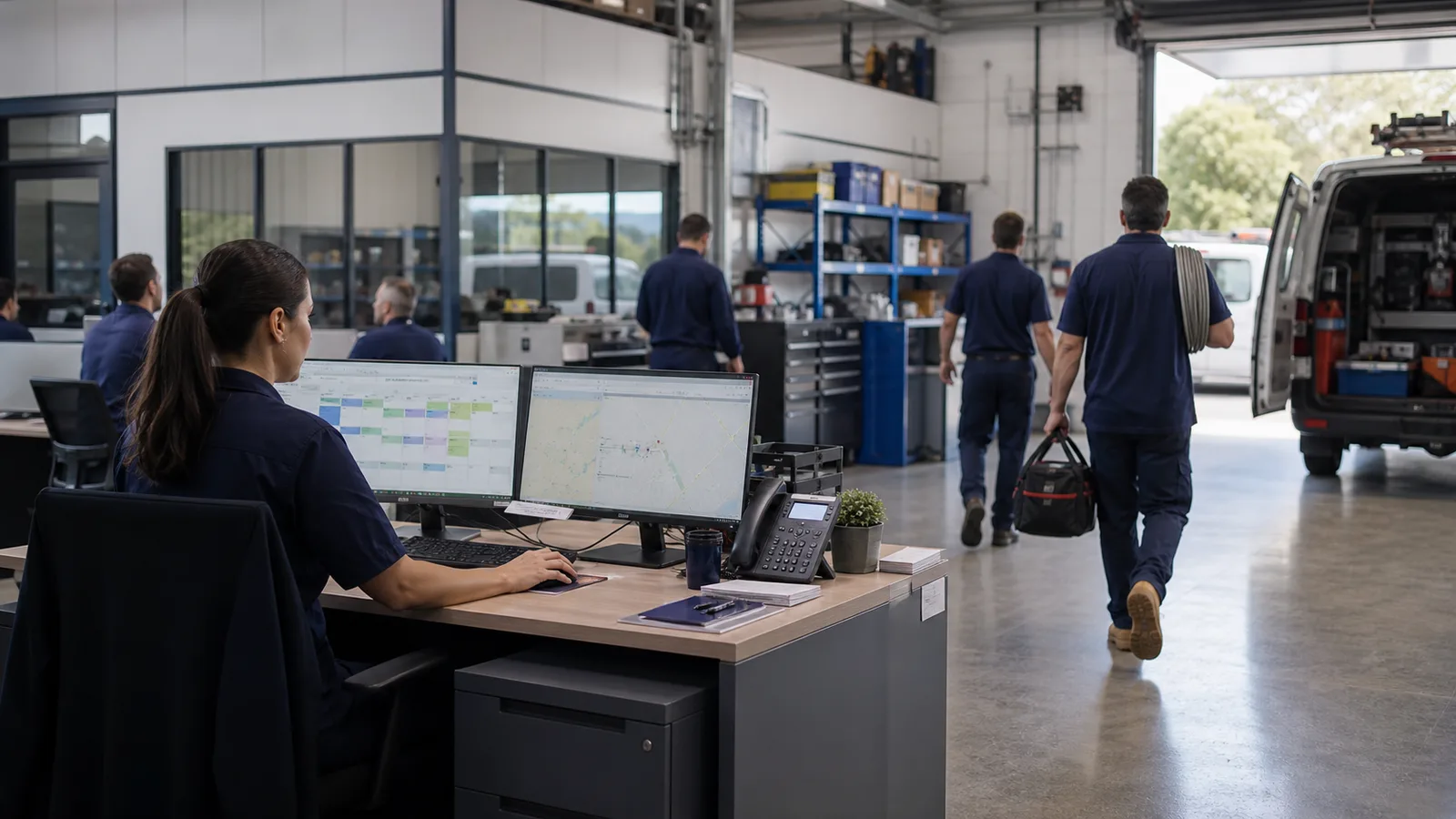 Illustrative building services operations centre with a coordinator scheduling field technicians.