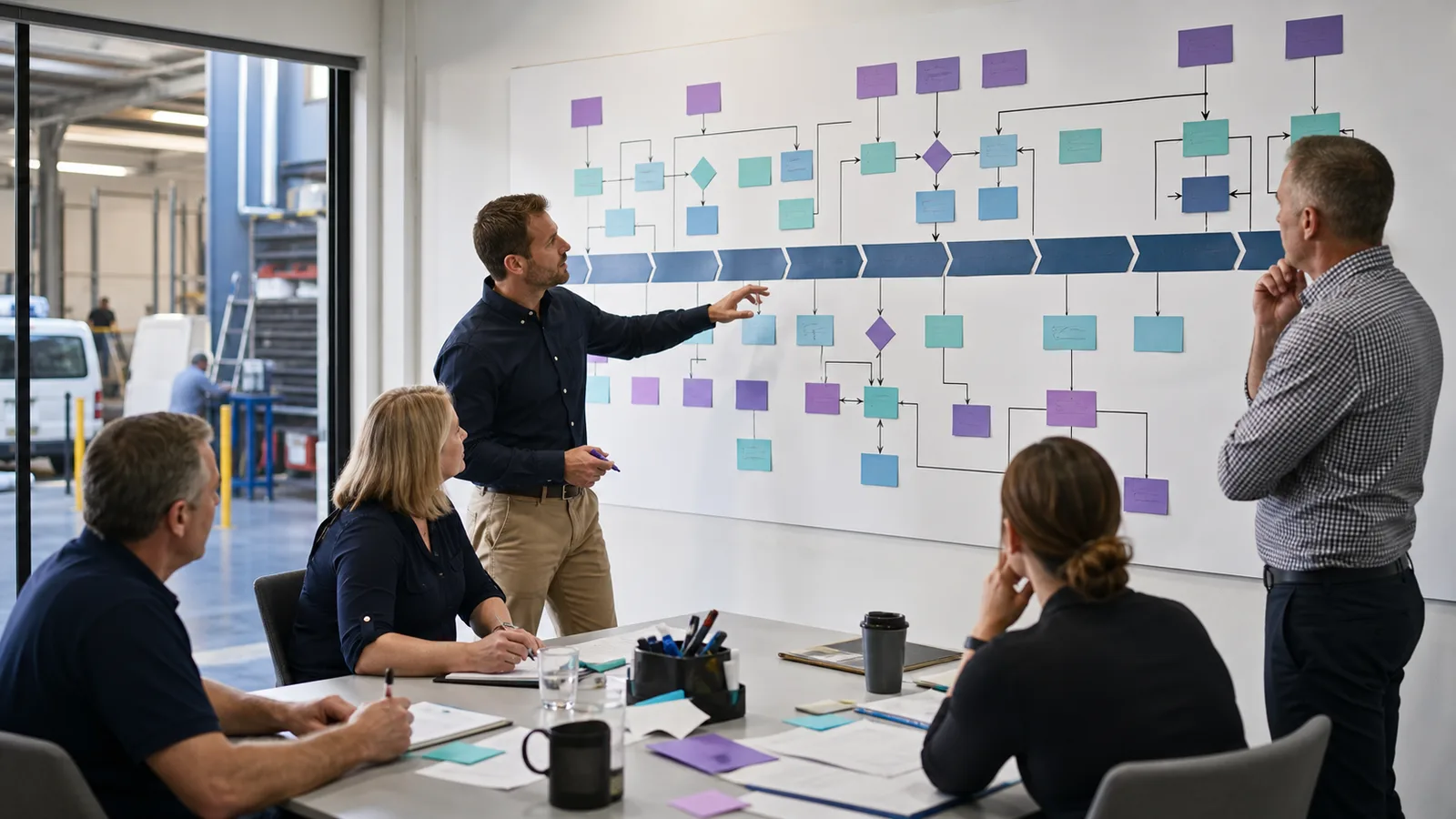 Illustrative process workshop mapping an end-to-end commercial field service workflow.