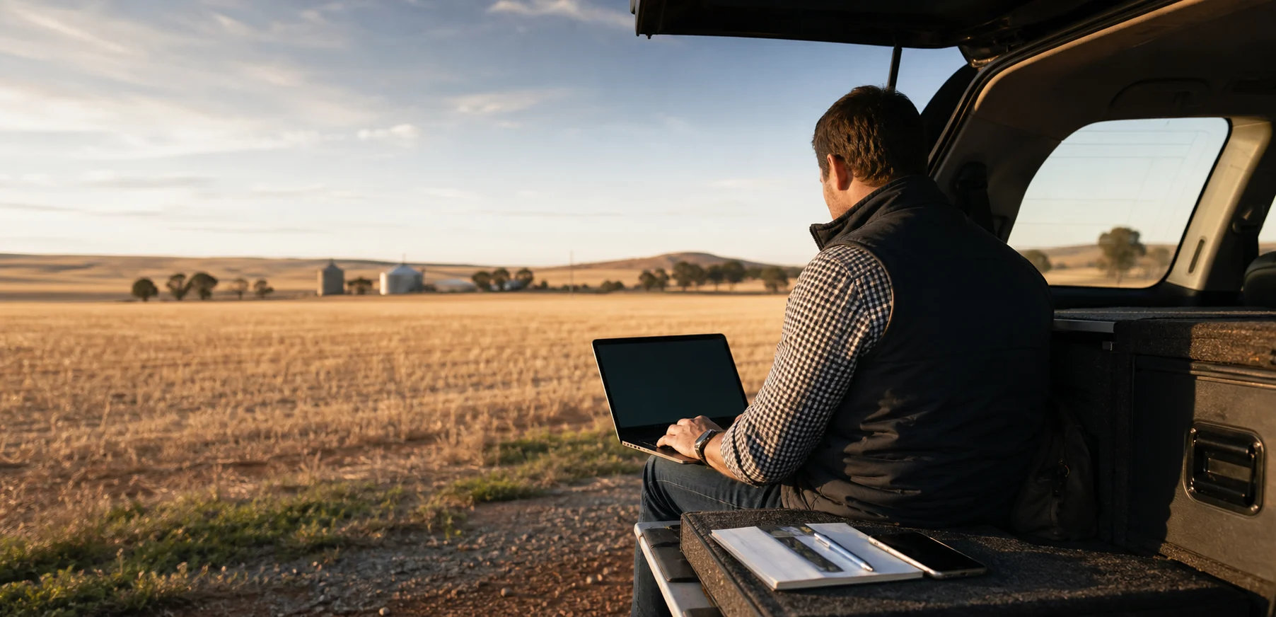 A financial adviser working on a laptop beside a grain field in regional South Australia.