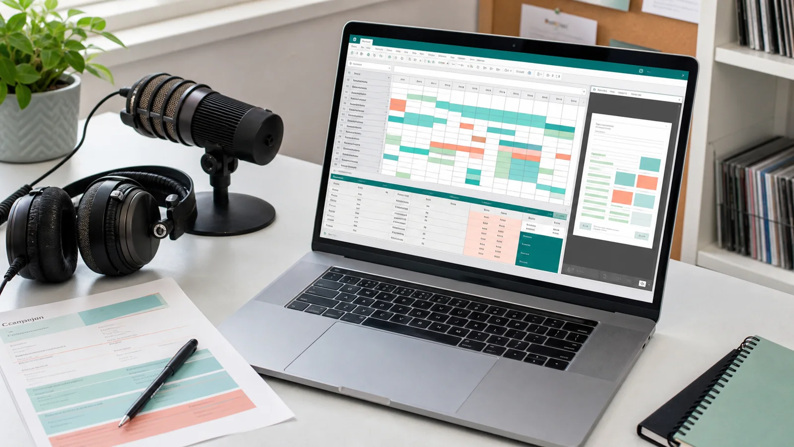 Illustrative radio sponsorship scheduling workspace with a campaign calendar, microphone and headphones.