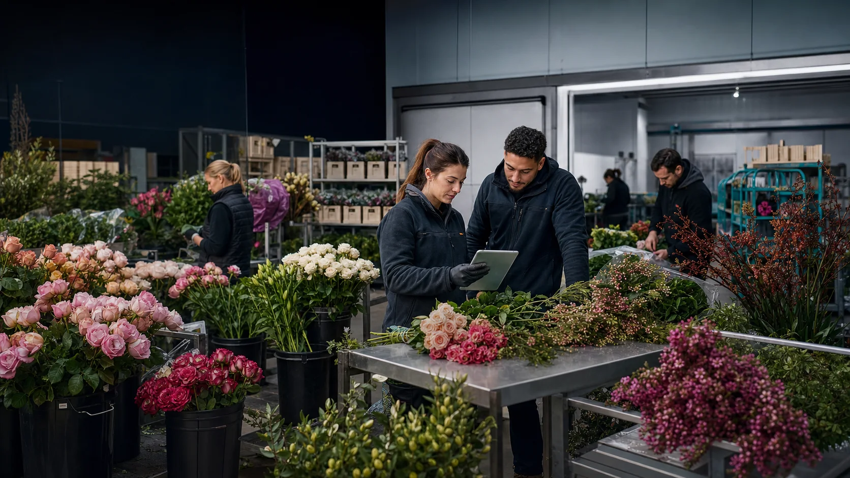 Illustrative wholesale flower team reviewing orders on a tablet inside a busy packing facility.