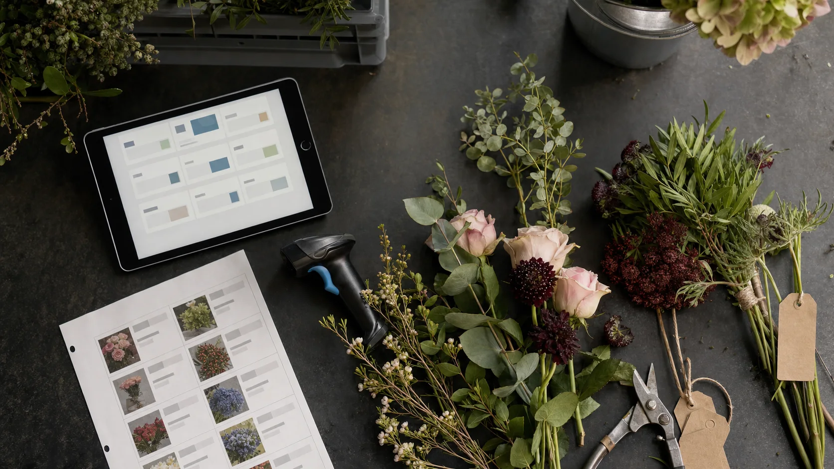 Illustrative flower order workspace with a tablet, barcode scanner, image-rich pick sheet and fresh stems.