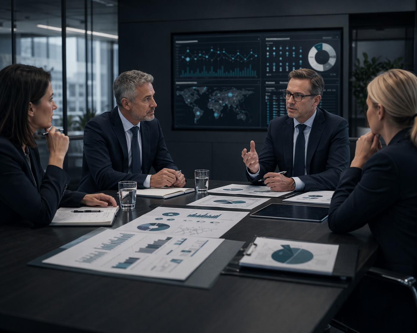 Senior public sector and advisory leaders reviewing transformation and governance reporting in a strategy session.