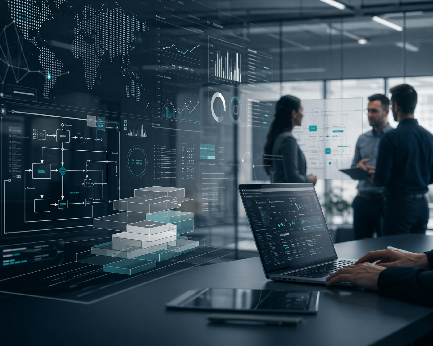 A financial services leadership team reviewing transformation, reporting, and operating dashboards.