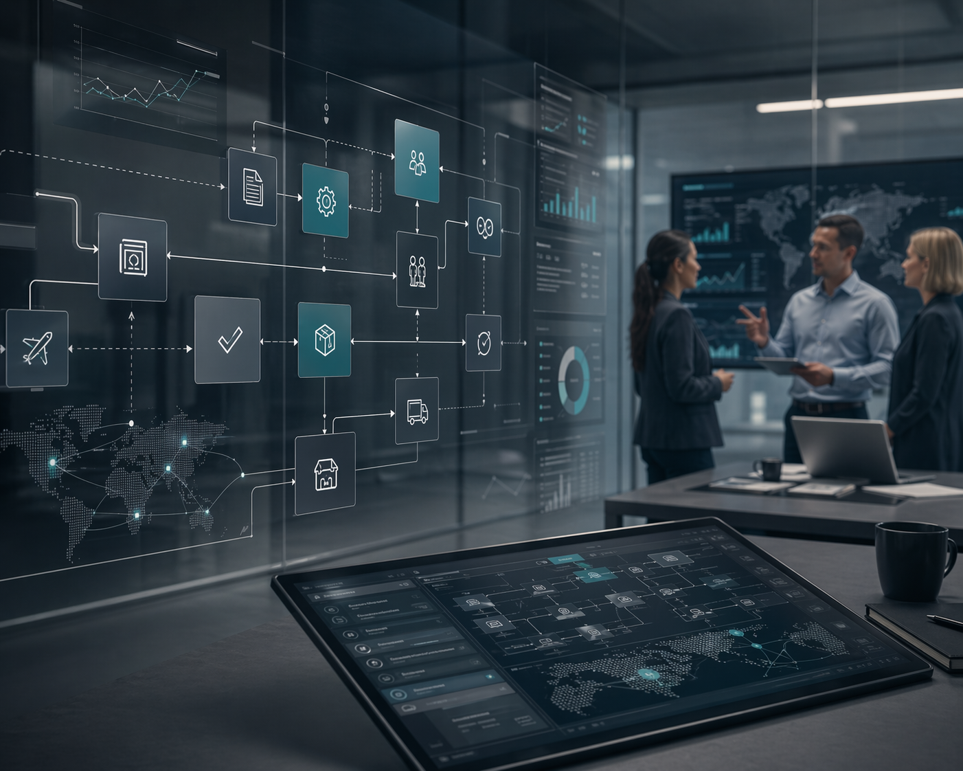 A manufacturing operations team reviewing integrated workflow, planning, and systems dashboards.