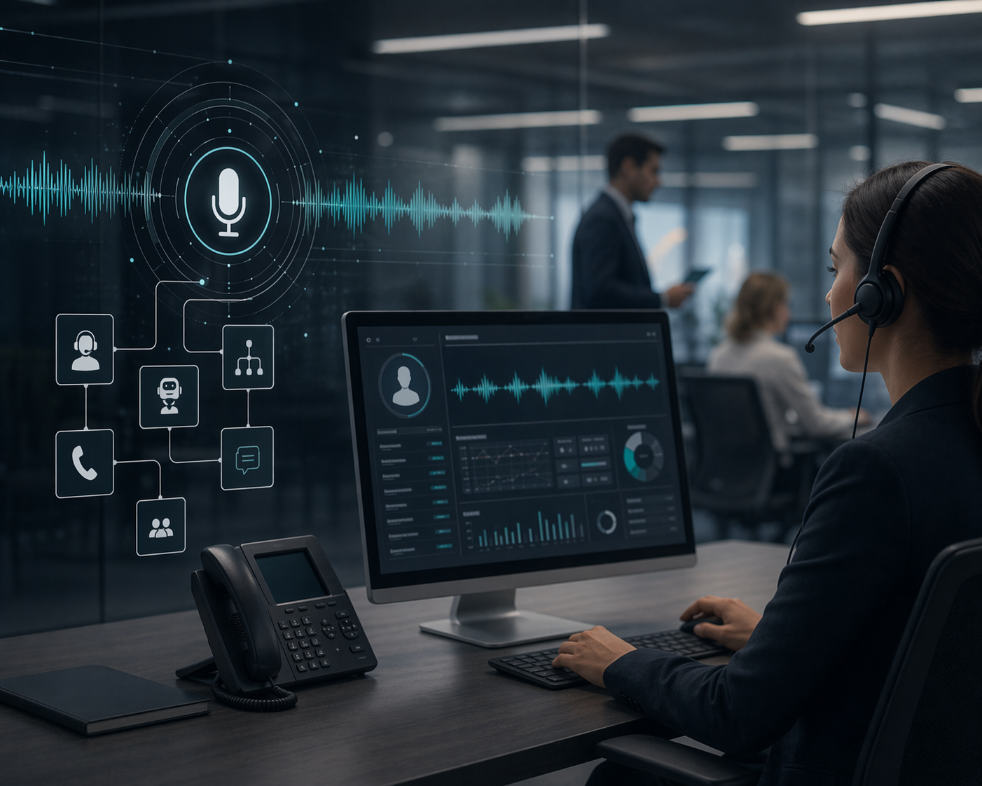 A service operations professional using intelligent systems and voice-enabled workflow tools in a high-response environment.