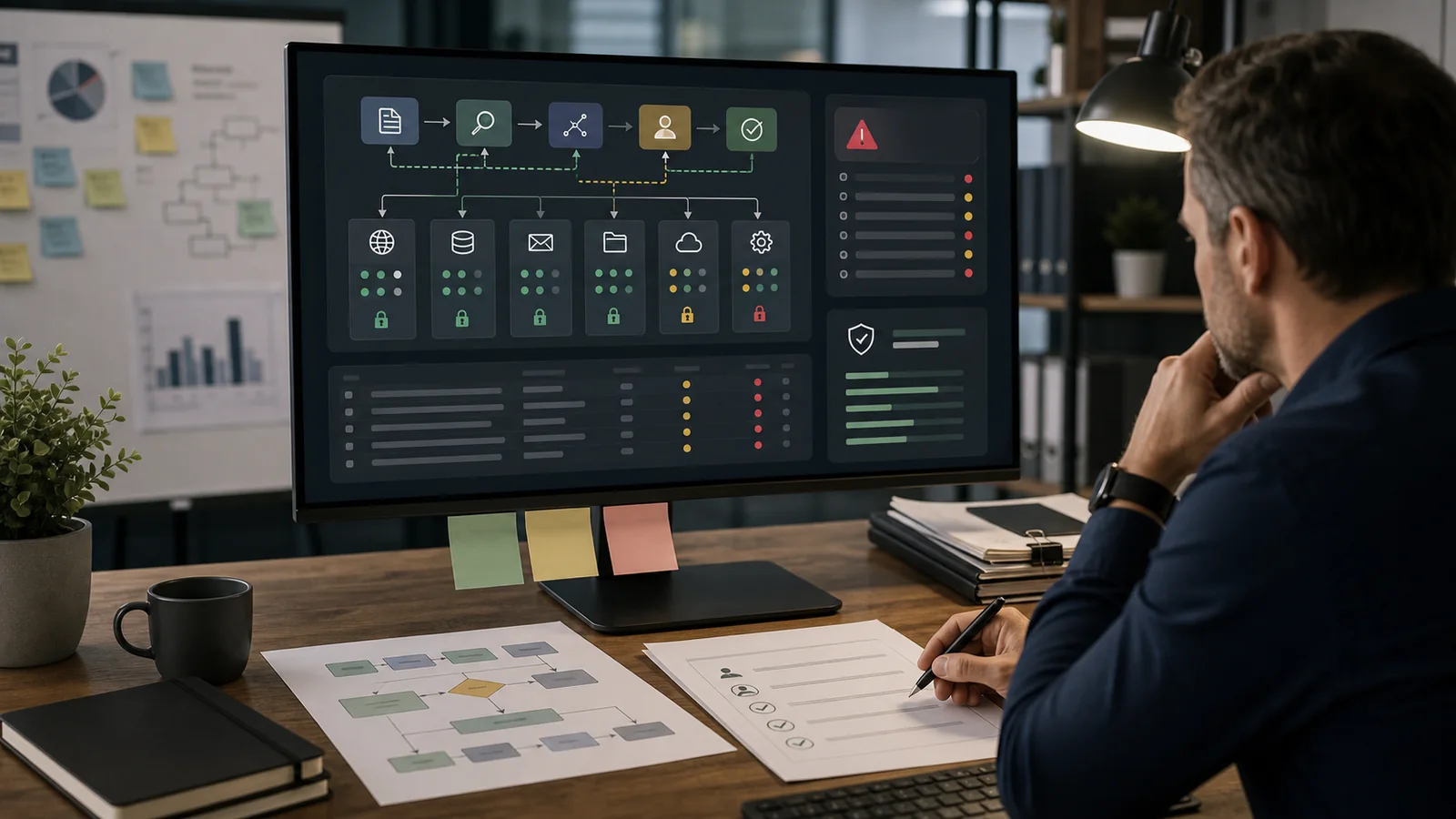 Operations supervisor reviewing AI agent permissions, tool access cards, approval checkpoints, and exception indicators.