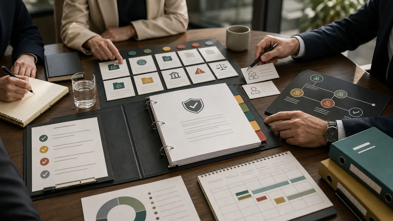 AI governance policy session with use-case register cards, risk-tier tabs, vendor review materials, and approval markers.