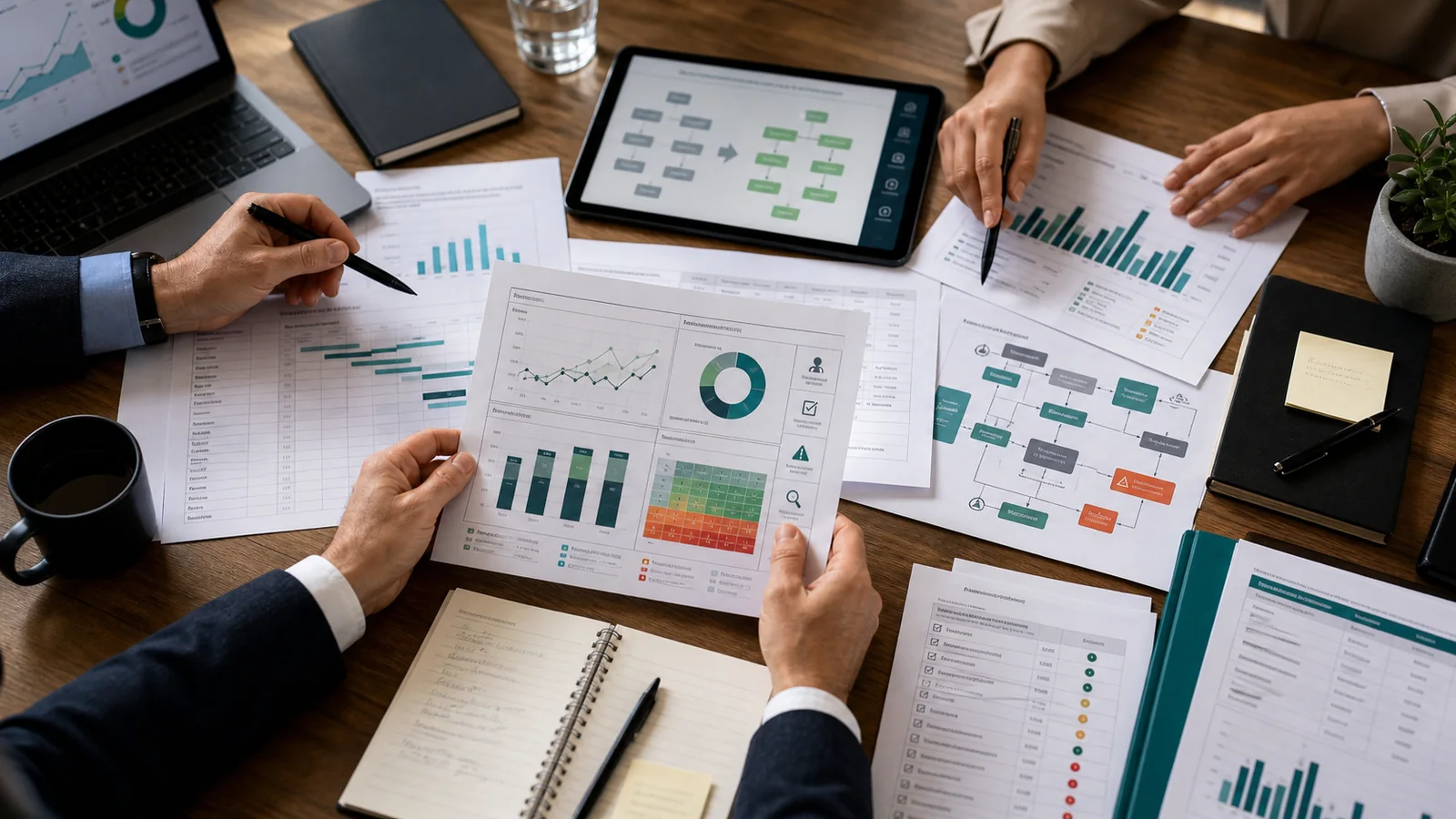 Executive review table with AI implementation outcome charts, adoption evidence, quality checks, and audit materials.