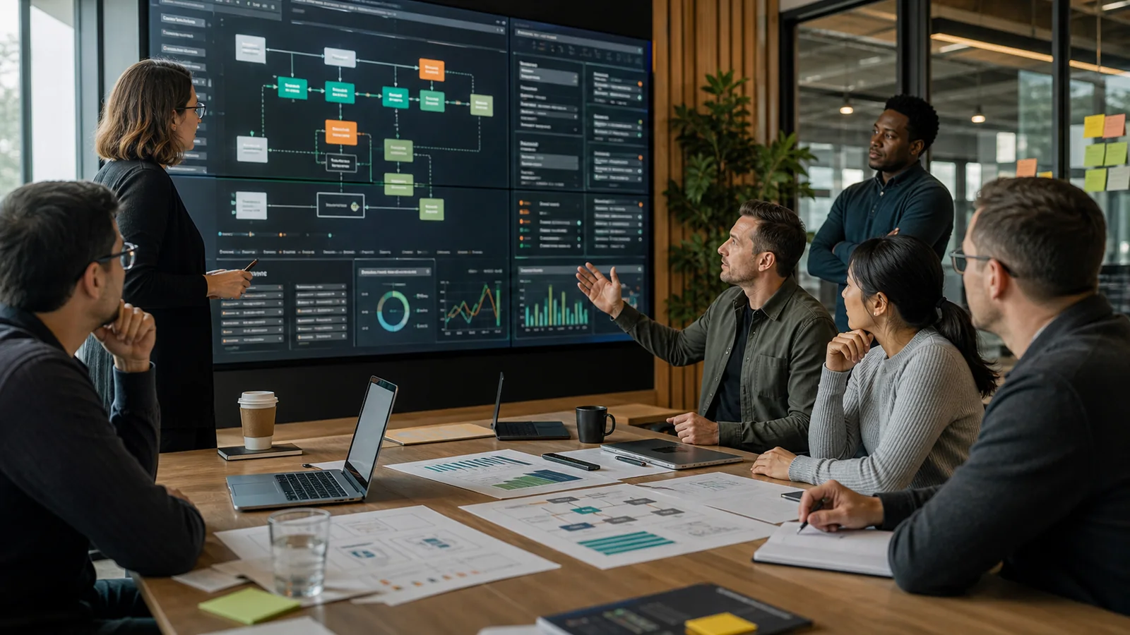 Operations team reviewing AI workflow status boards, implementation evidence, and production-readiness controls.