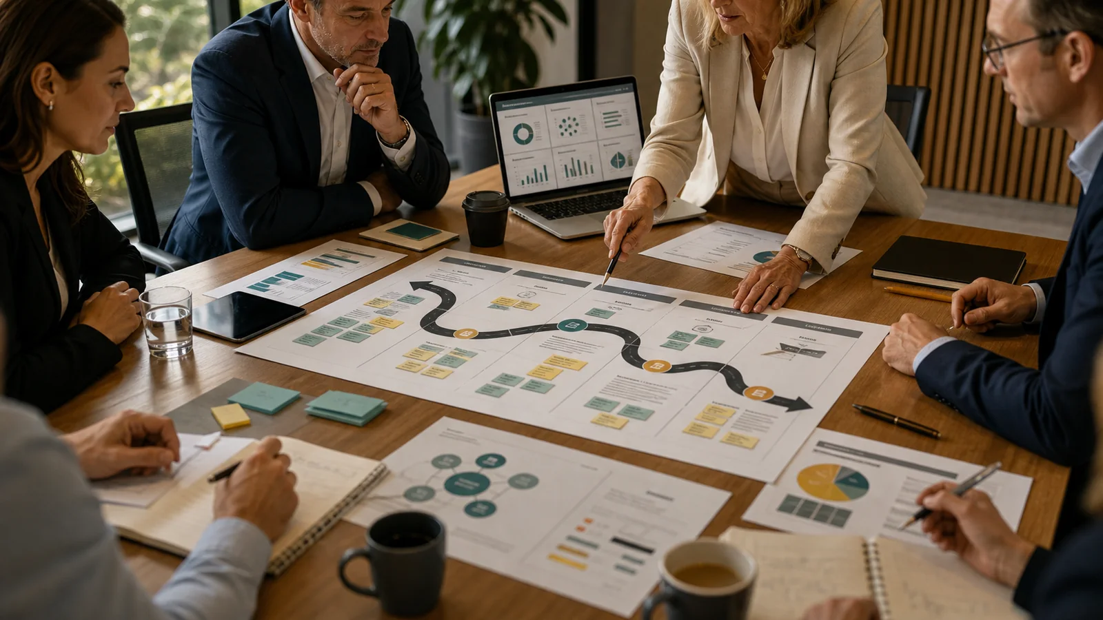 Senior advisors and executives reviewing an AI strategy roadmap, use-case cards, risk controls, and outcome measures.