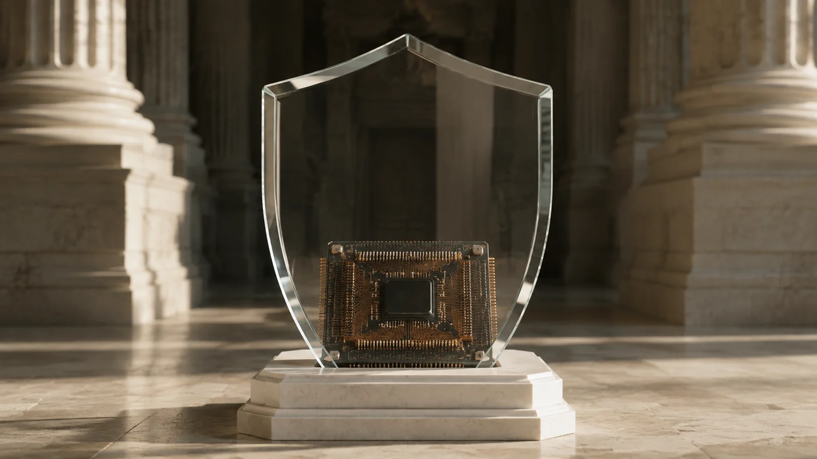 AI-generated illustration of a processor protected by a glass shield inside a columned civic building.