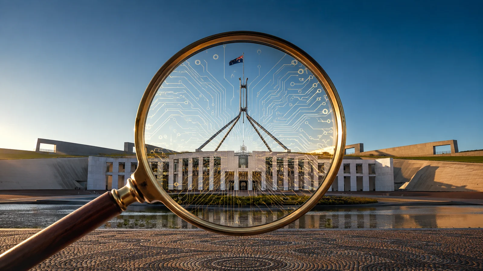 AI-generated illustration of Canberra Parliament House viewed through a magnifying glass with circuit patterns.