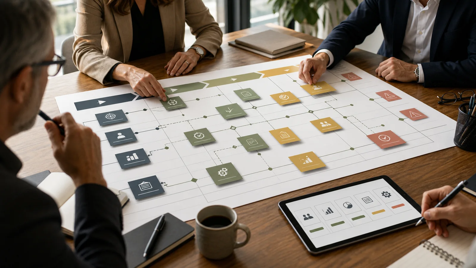 Consultants and executives arranging digital transformation roadmap cards, delivery horizons, and dependency markers.