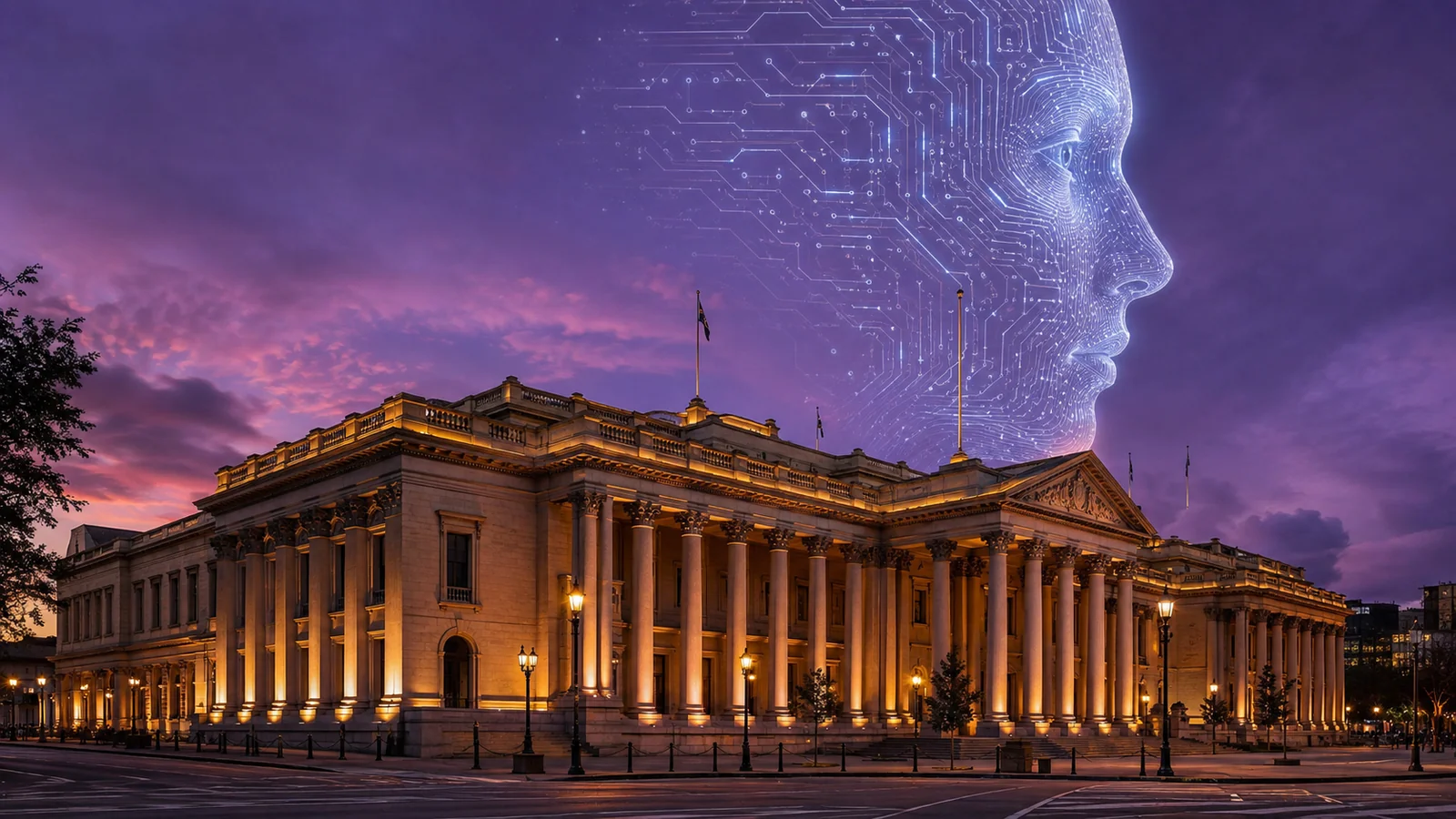 AI-generated illustration of Adelaide Parliament House at dusk beneath a translucent AI face.