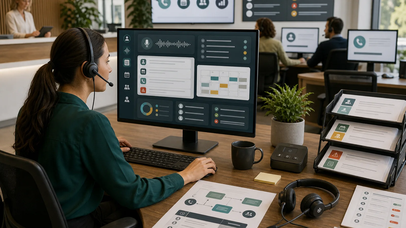 Service operations team reviewing voice AI call summaries, routing queues, appointment blocks, and escalation indicators.