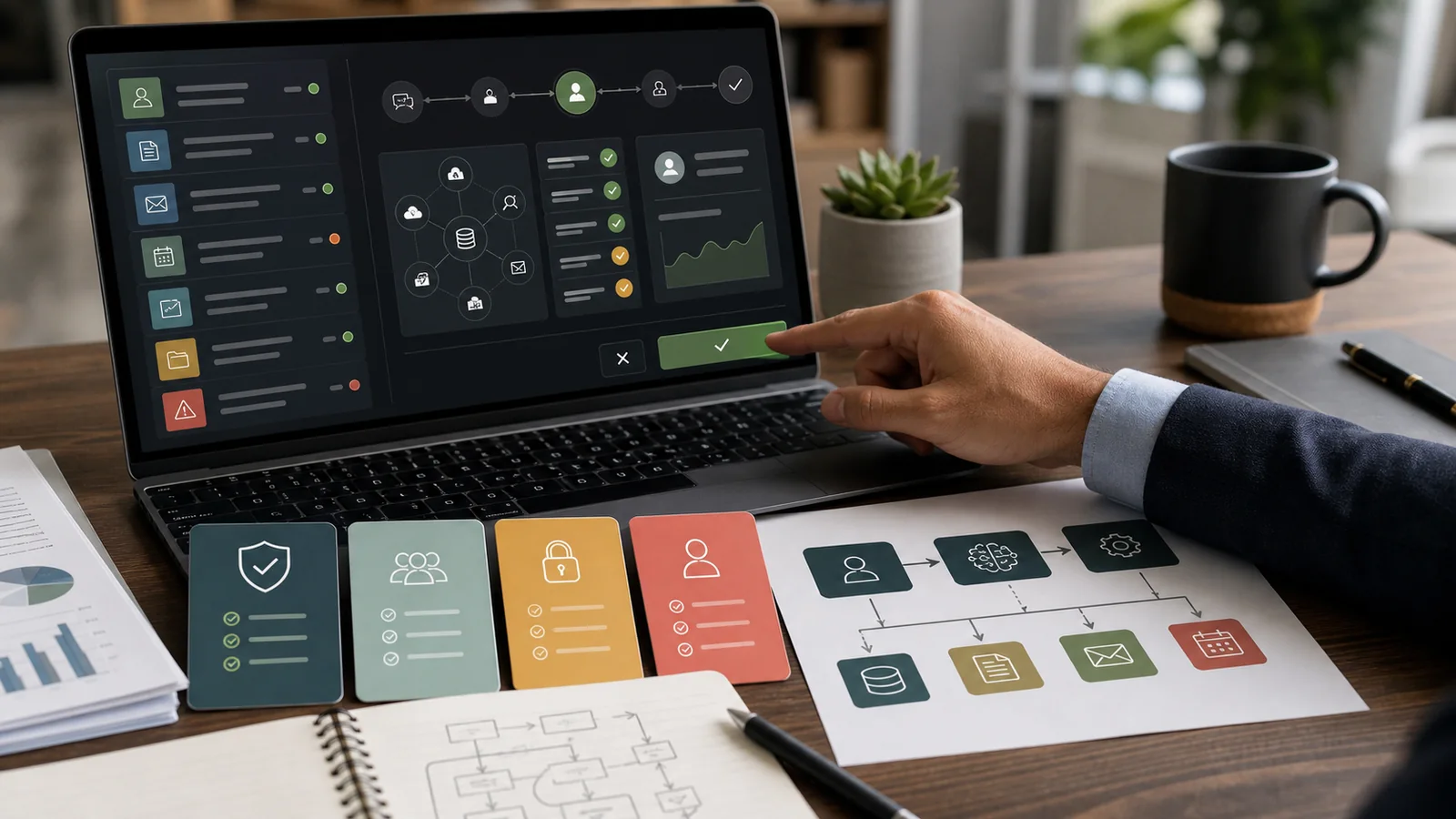 Human supervisor reviewing an AI agent task queue, permission cards, and workflow approval controls.