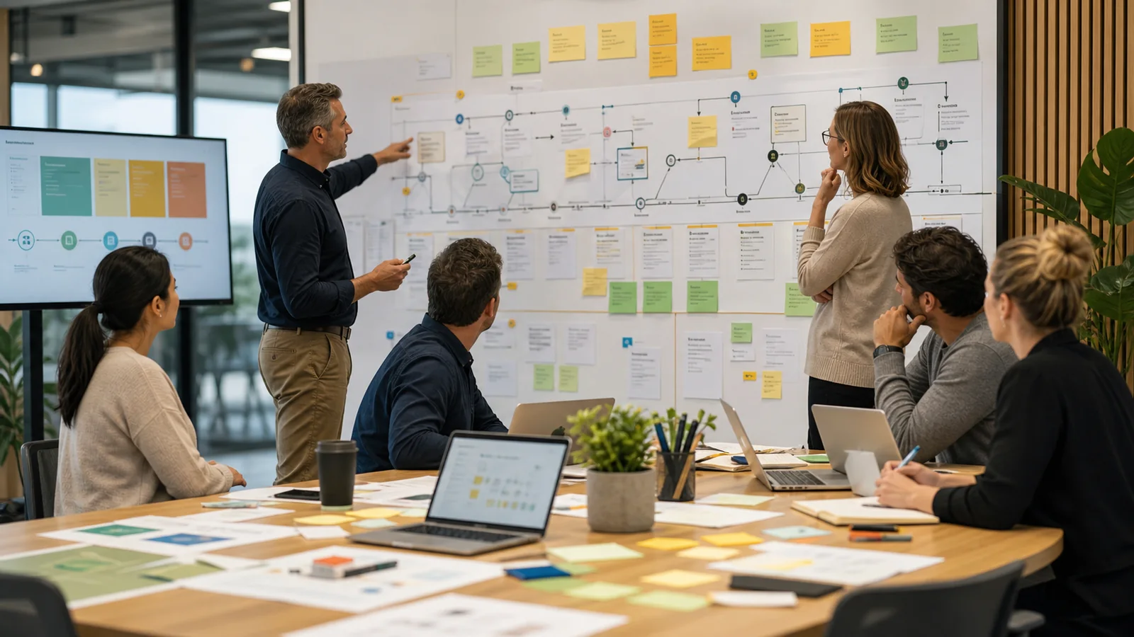 Cross-functional business team mapping workflows, systems, data, and service change during a digital transformation workshop.