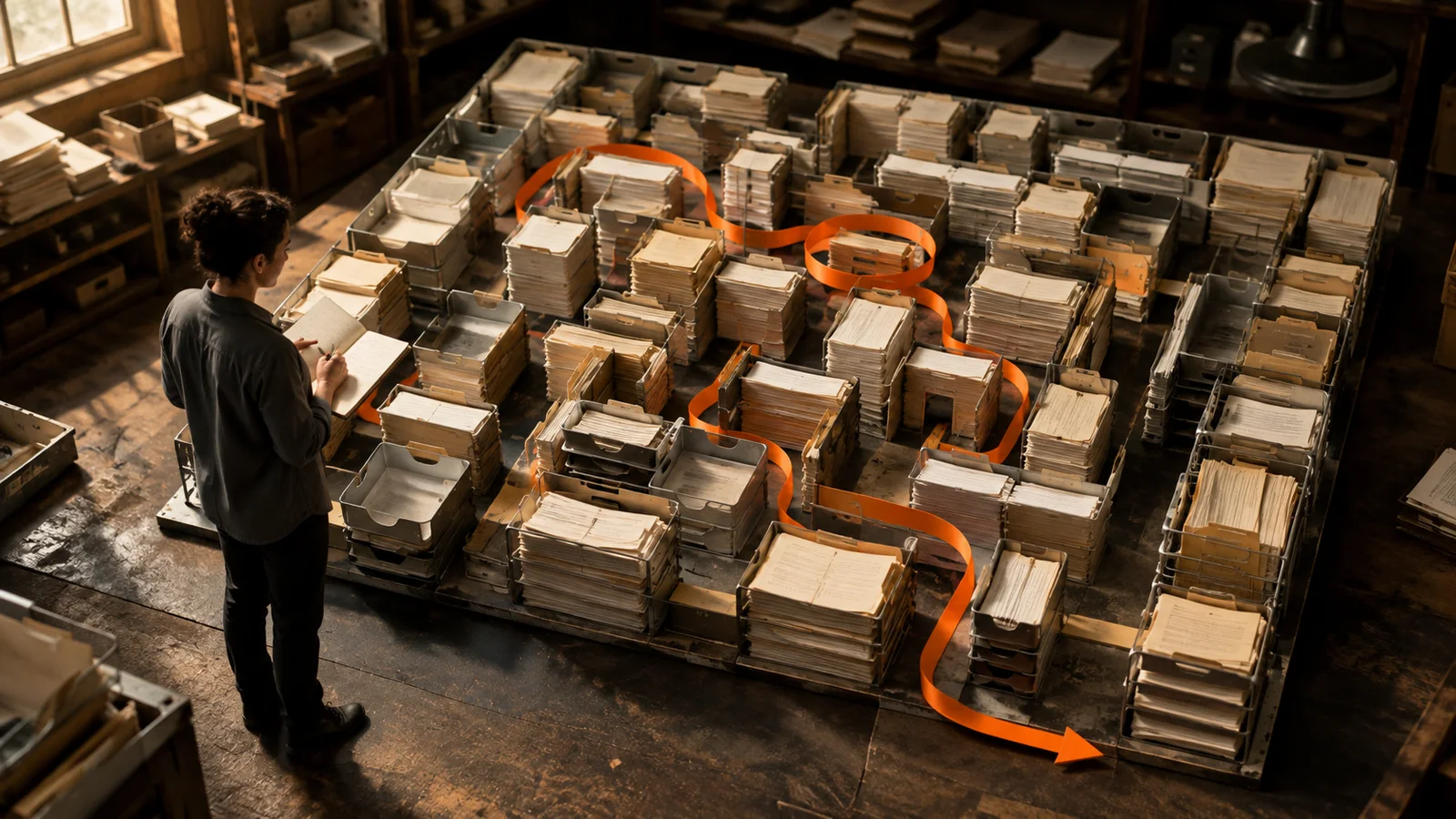 AI-generated conceptual scene of an investigator tracing an orange route through a maze of paper files and office trays.