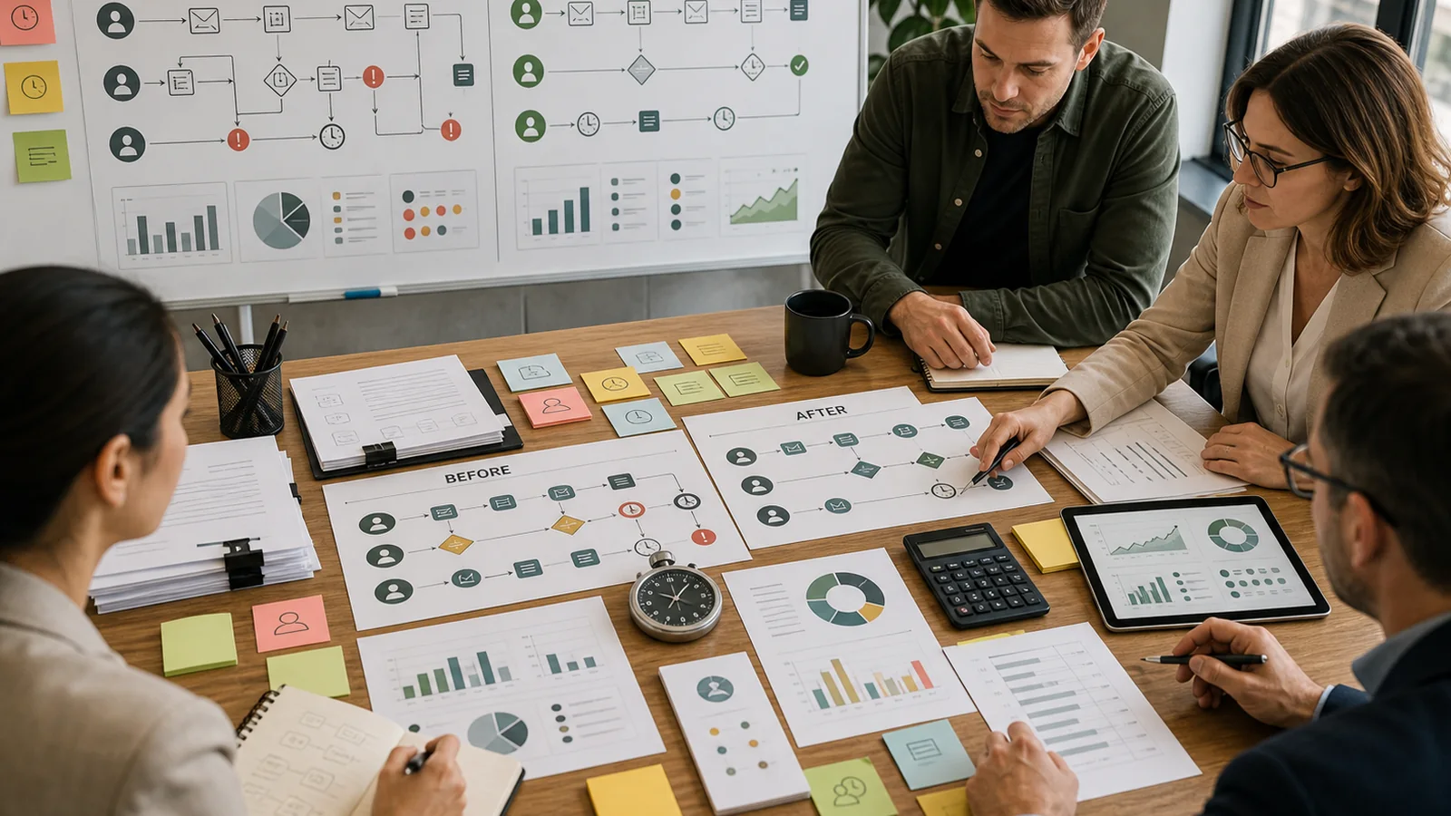 Operations improvement workshop comparing workflow baseline evidence, automation ROI charts, and post-launch measures.