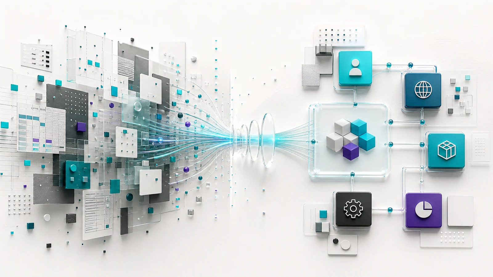 Abstract fragmented business systems converging into a connected modular operating architecture.