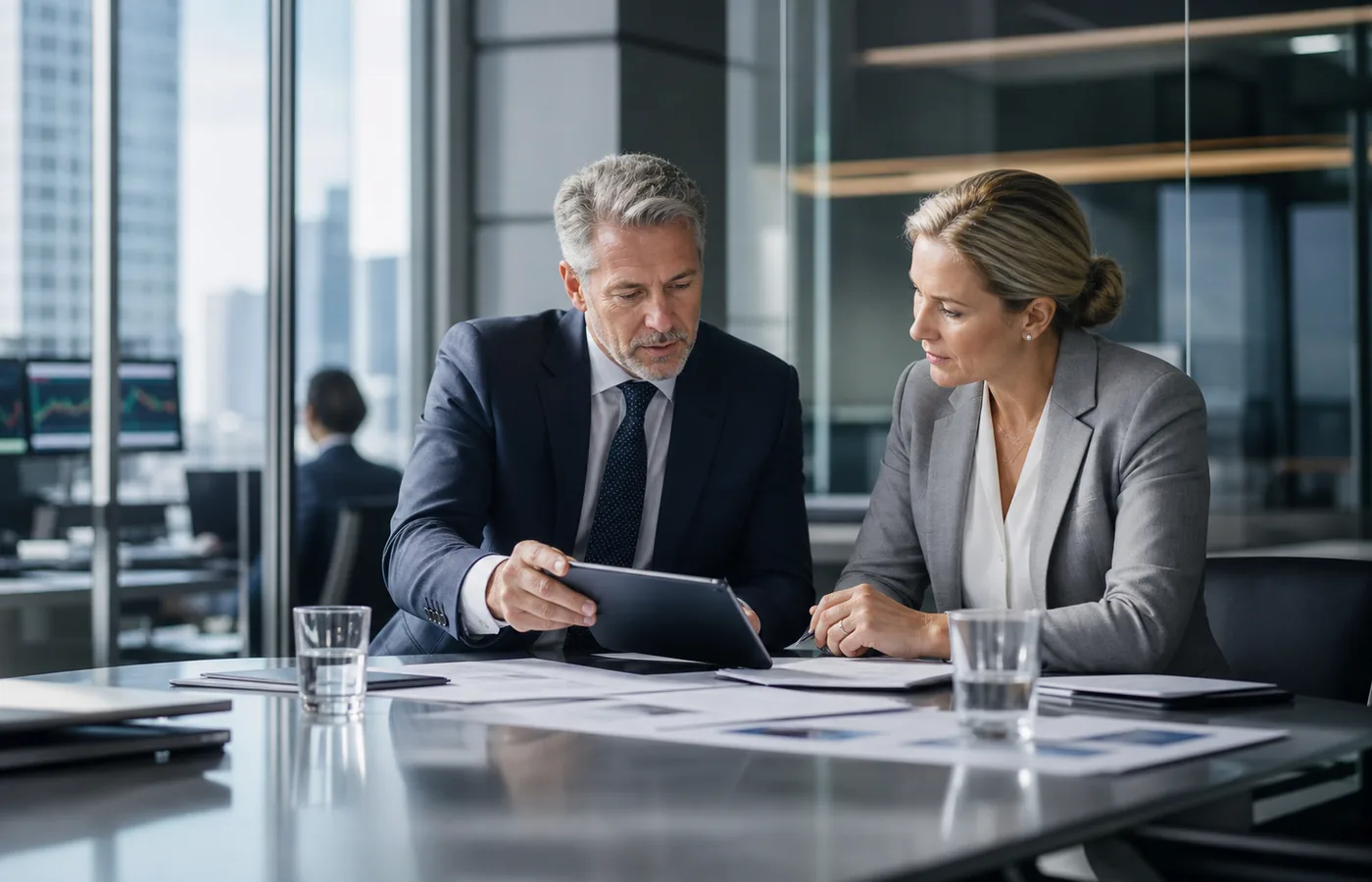 Financial services professionals reviewing documents and a tablet in a banking office.