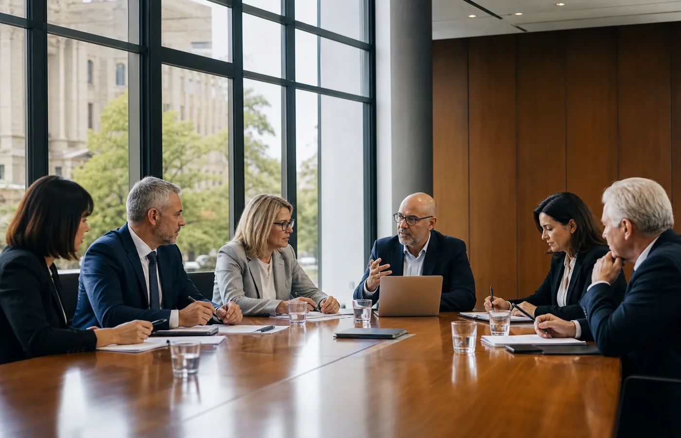 Canberra public sector and business leaders reviewing AI governance and service improvement plans in a professional boardroom.