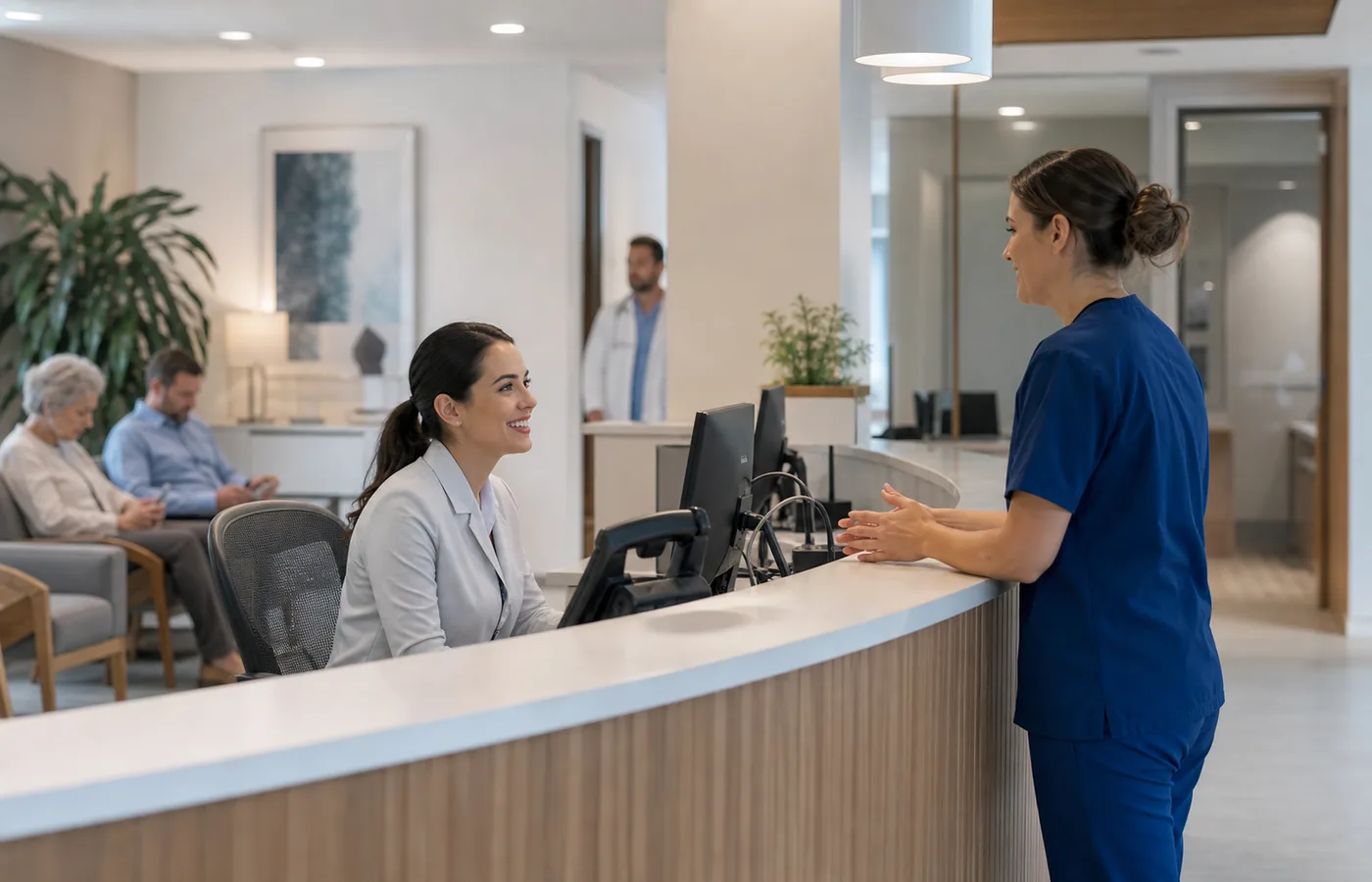 Healthcare service professionals reviewing patient workflow and digital service operations.