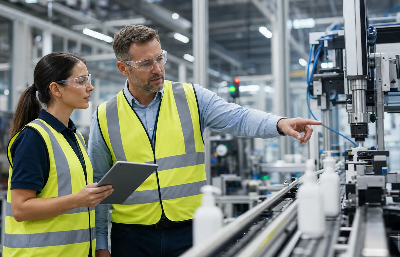 Manufacturing leaders reviewing a modern production line and operational technology.