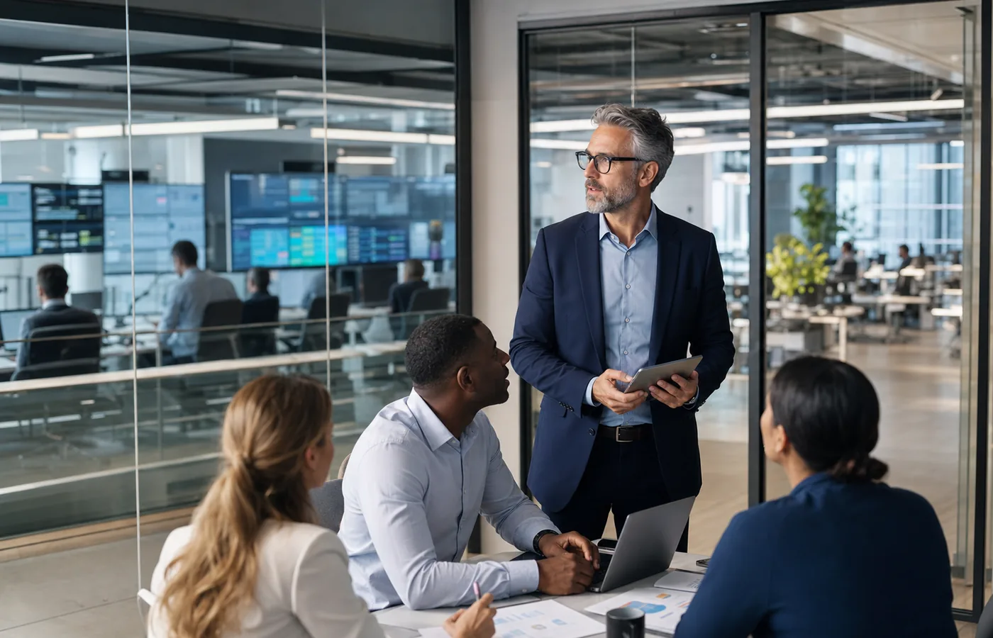 Enterprise operations leader meeting with a team in a modern operations office.