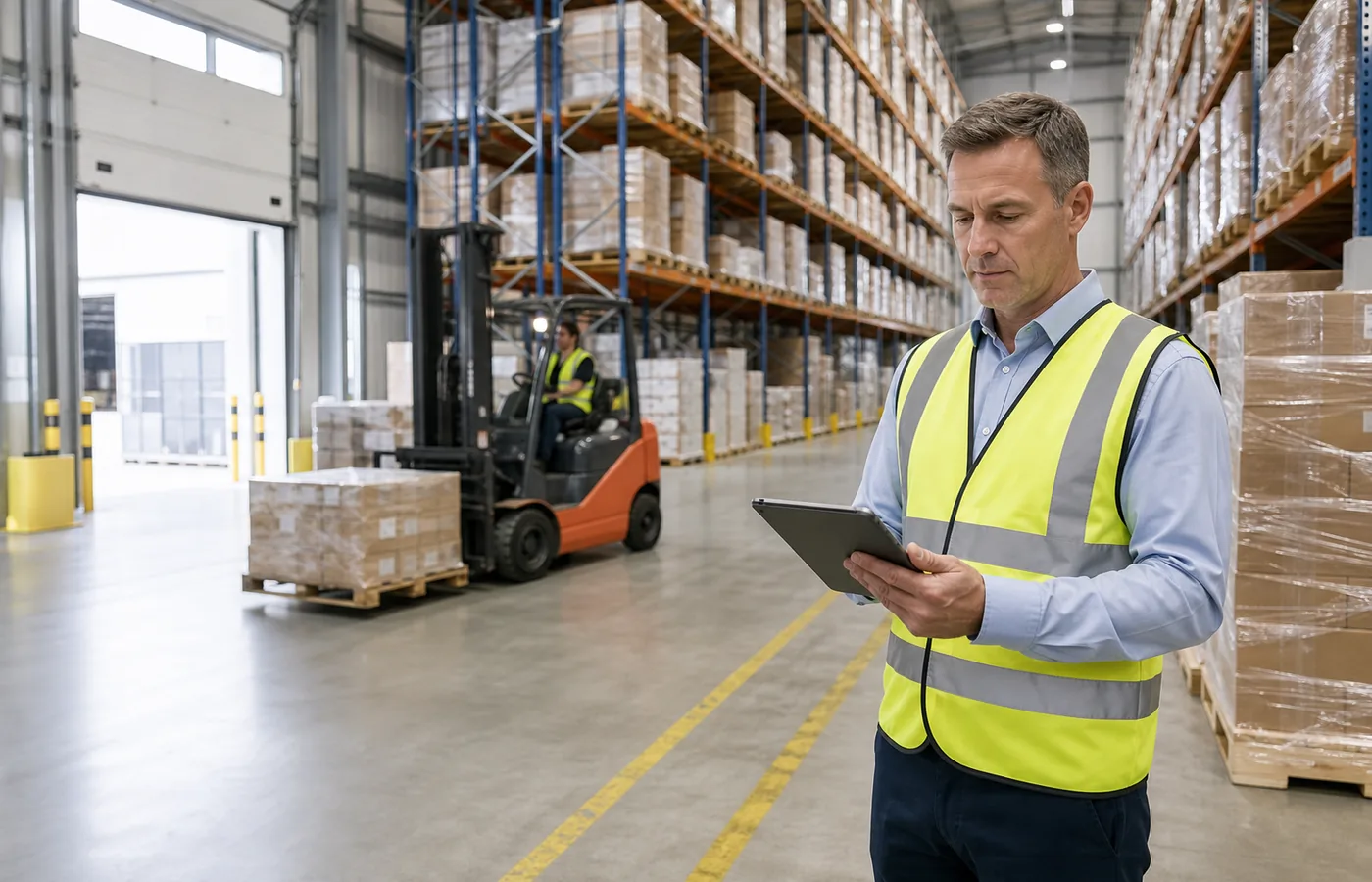 Warehouse operations manager reviewing workflow information near pallets and logistics activity.
