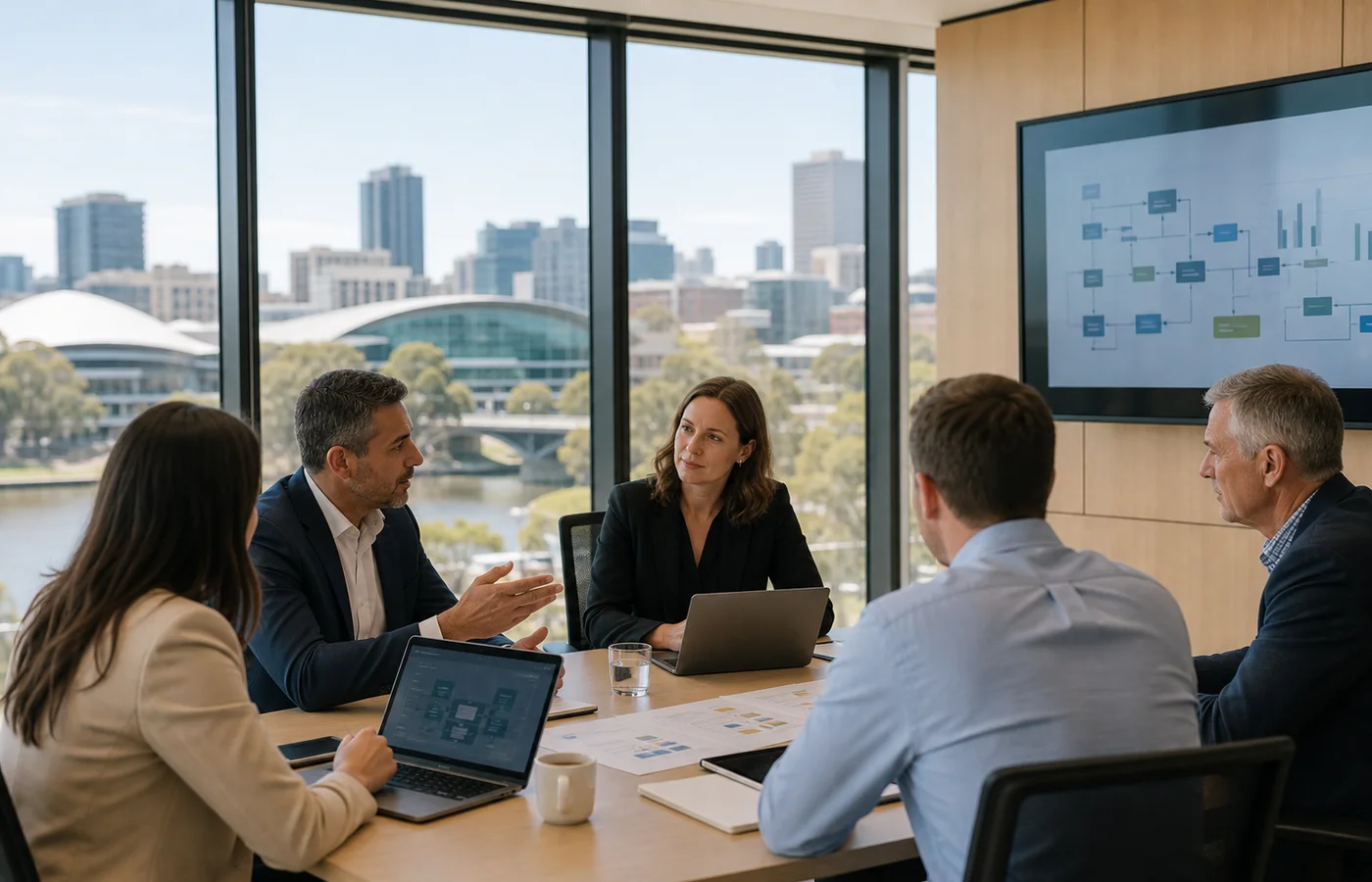 Adelaide consultants and business leaders reviewing AI workflow plans in a city office.