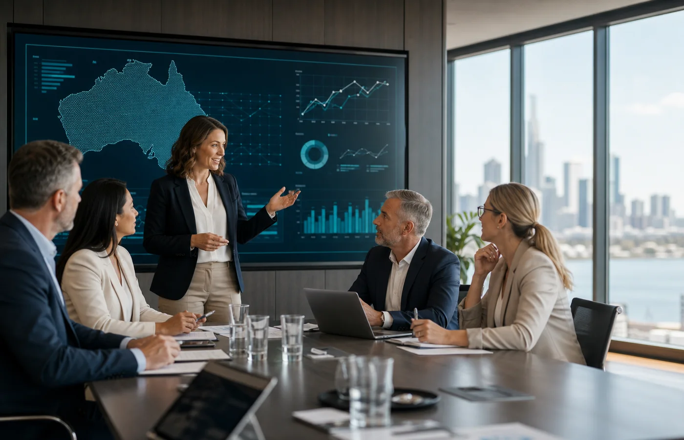 Australian executives and consultants reviewing an AI implementation dashboard in a modern boardroom.
