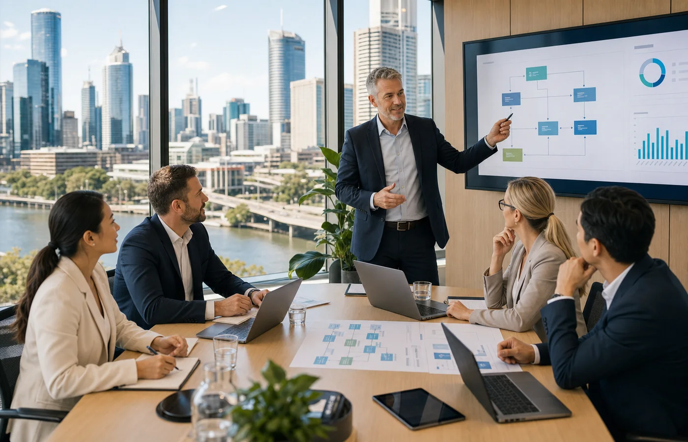 Brisbane executives and consultants reviewing workflow automation in a riverfront business office.