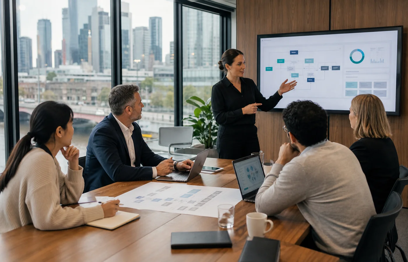 Melbourne consultants and operational leaders reviewing governed AI workflow plans in a city office.