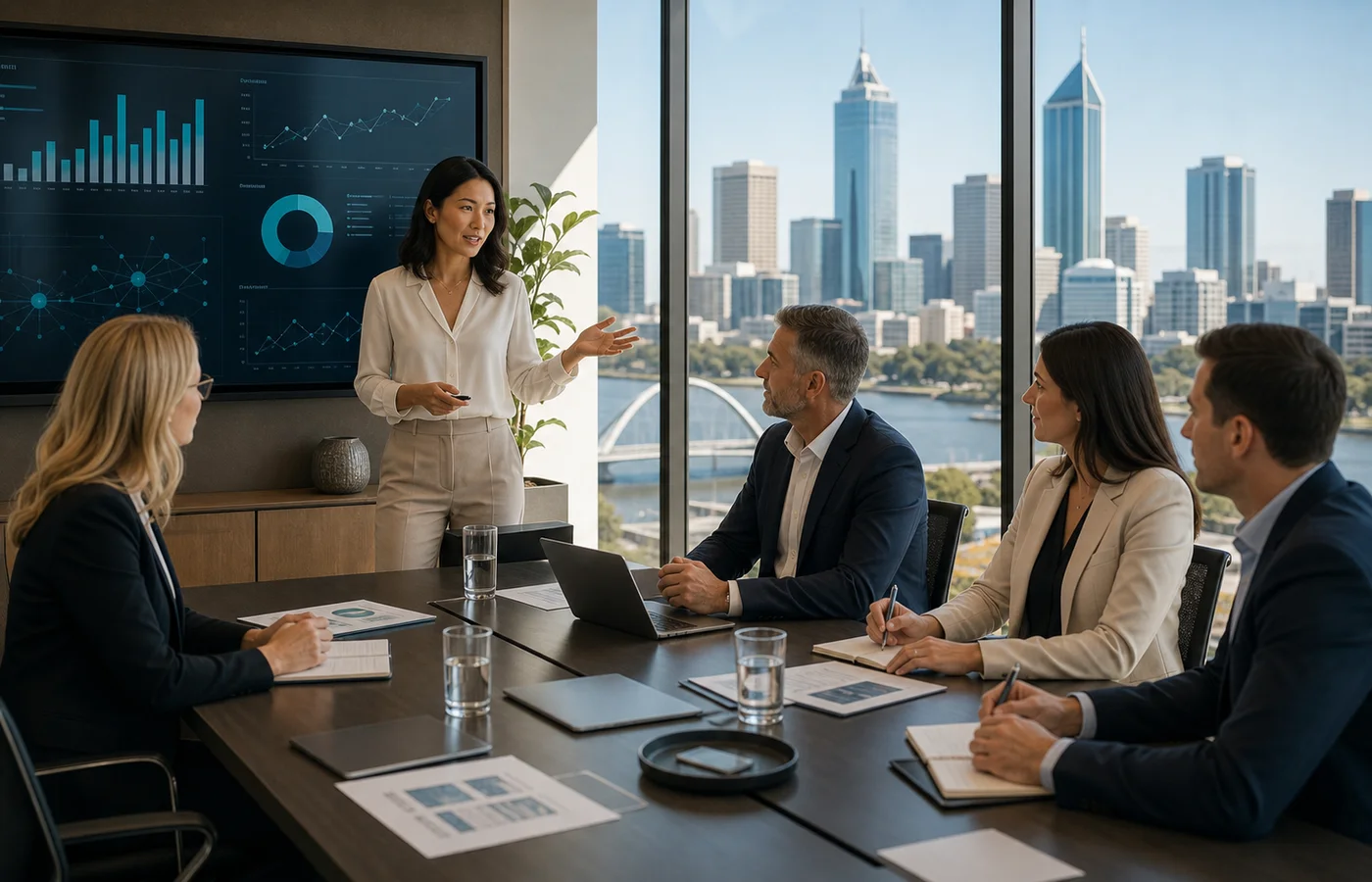 Perth business leaders and consultants reviewing AI automation opportunities in a modern CBD office.