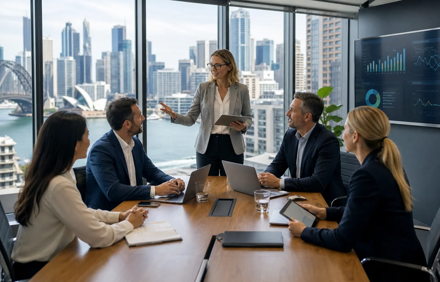 Sydney business leaders and consultants reviewing AI implementation priorities in a modern harbour office.