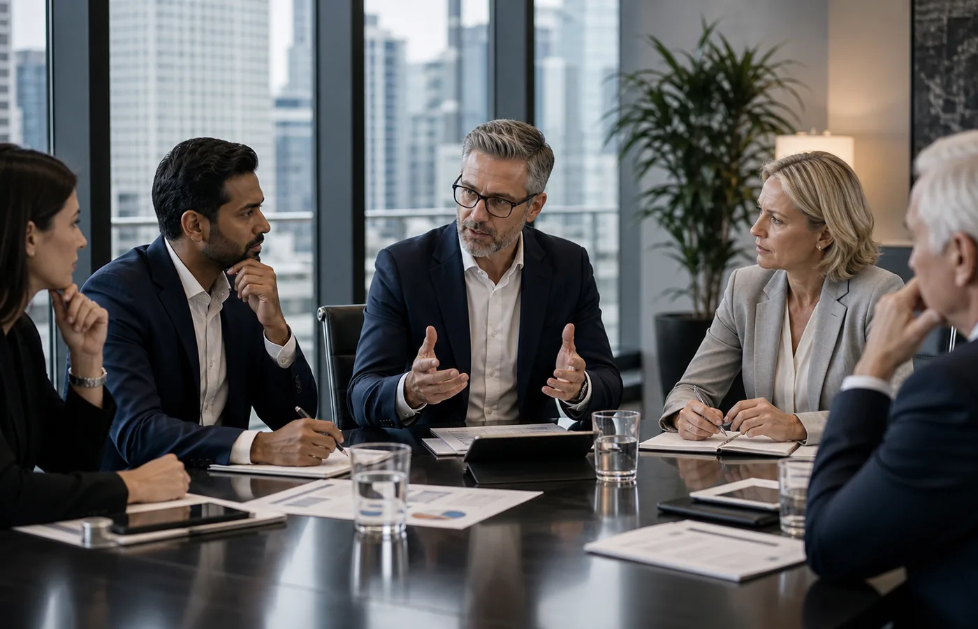 Senior advisors and executives reviewing governance decisions in a boardroom.