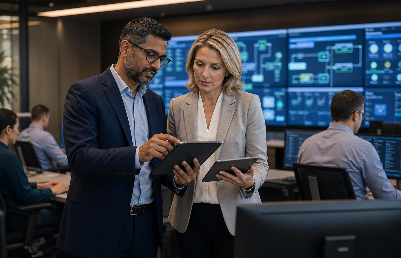 Technical and business leaders supervising automated workflows in an operations centre.