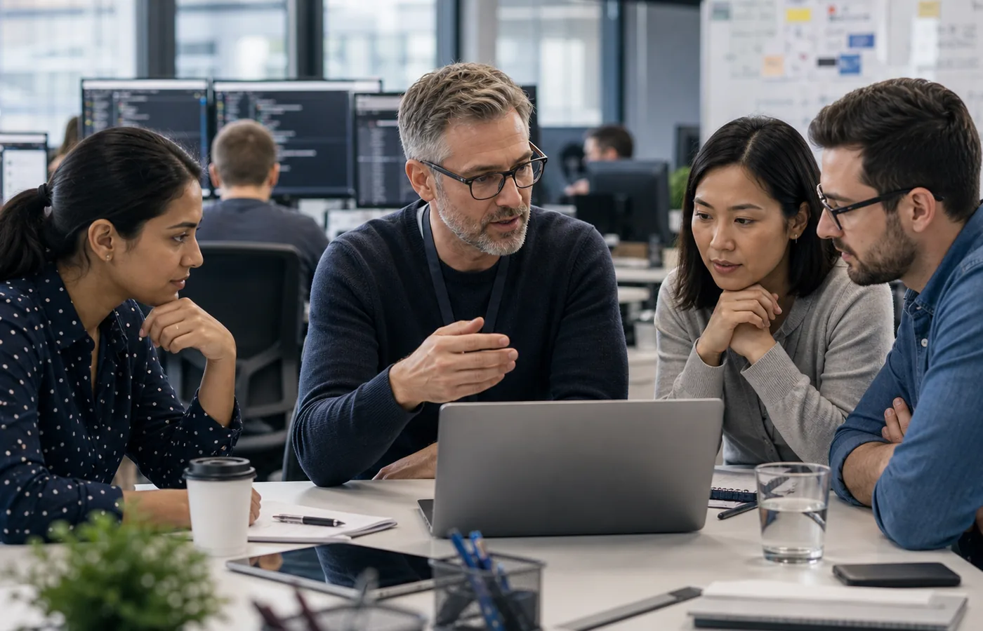 Software delivery team discussing a system design around a laptop.