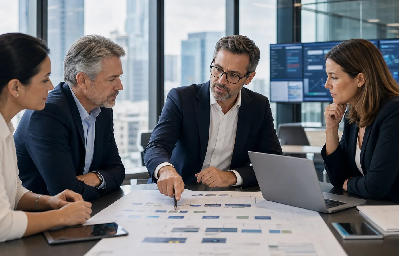 Consultant and client leadership team reviewing a digital transformation roadmap.