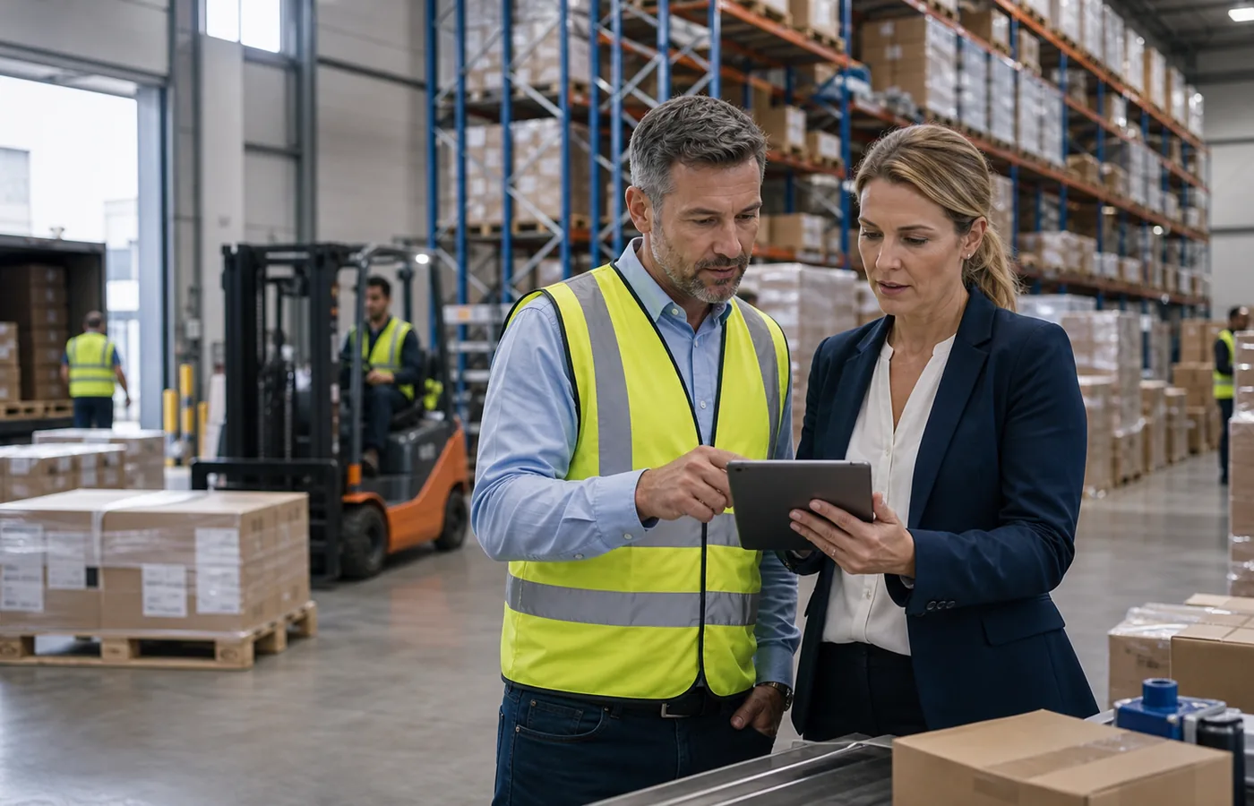 Warehouse operations team reviewing workflow automation near pallets and a forklift.