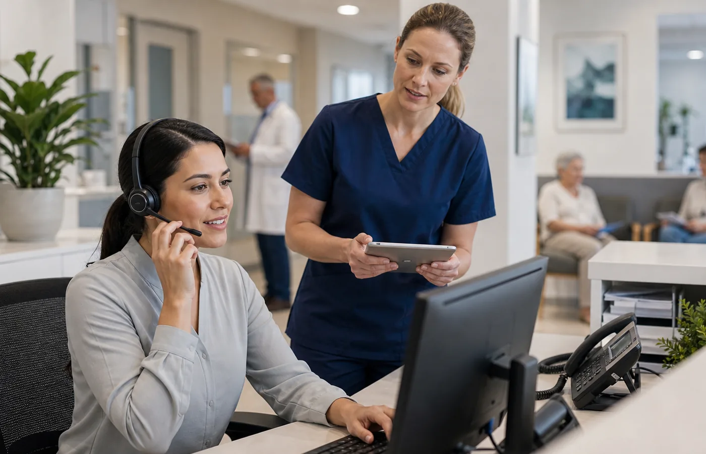 Healthcare receptionist using a headset at a medical centre front desk.