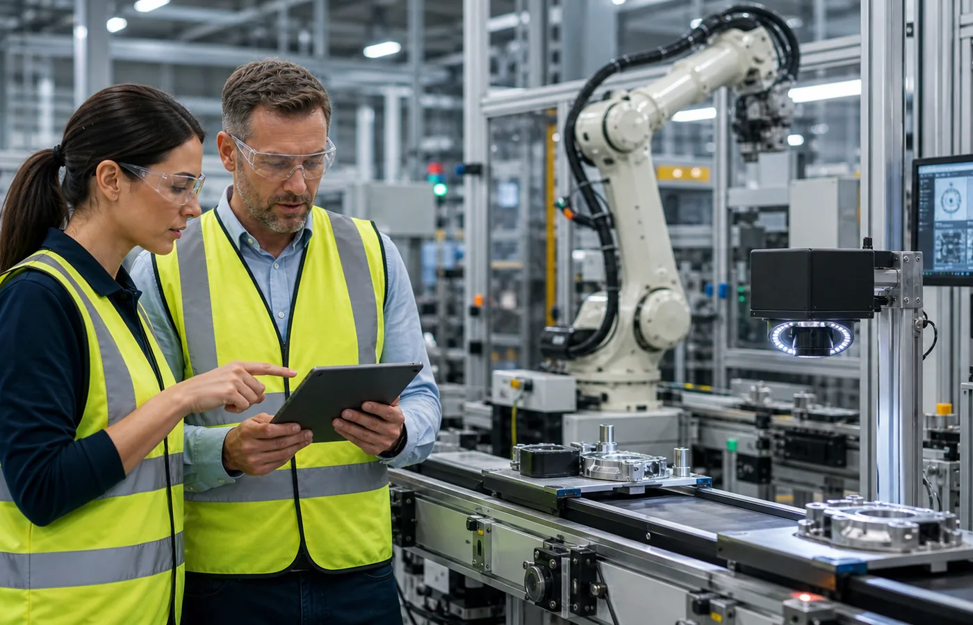 Manufacturing team reviewing AI automation beside automated production equipment.
