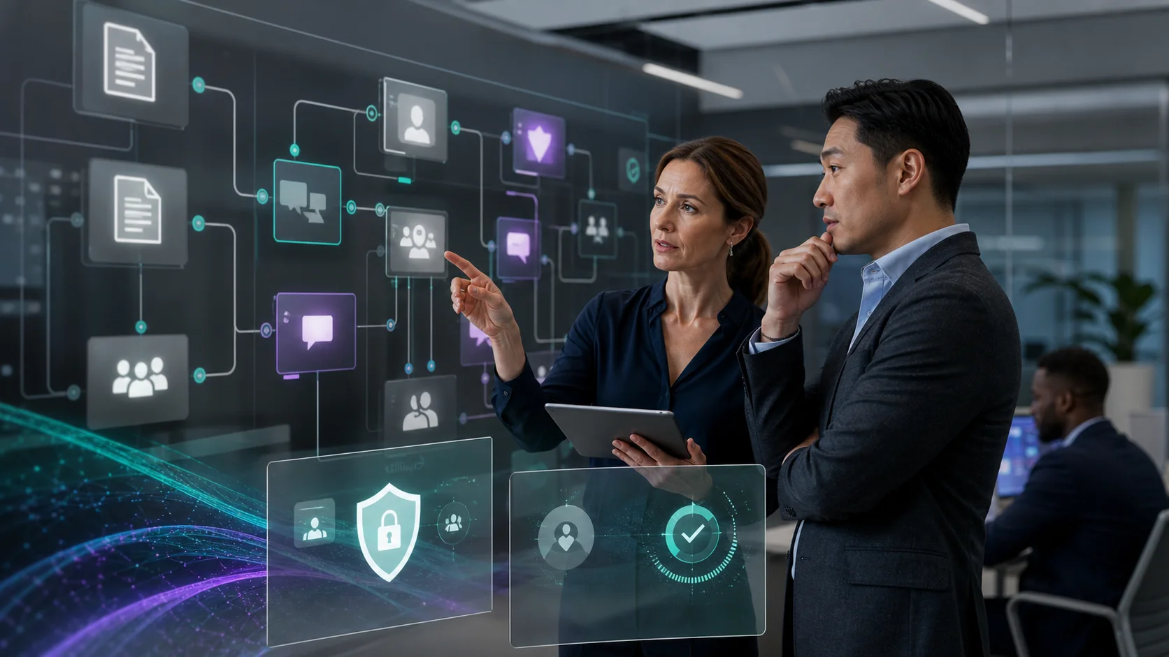 Consultants reviewing governed AI workflows, approval checkpoints, and Copilot agent implementation controls.