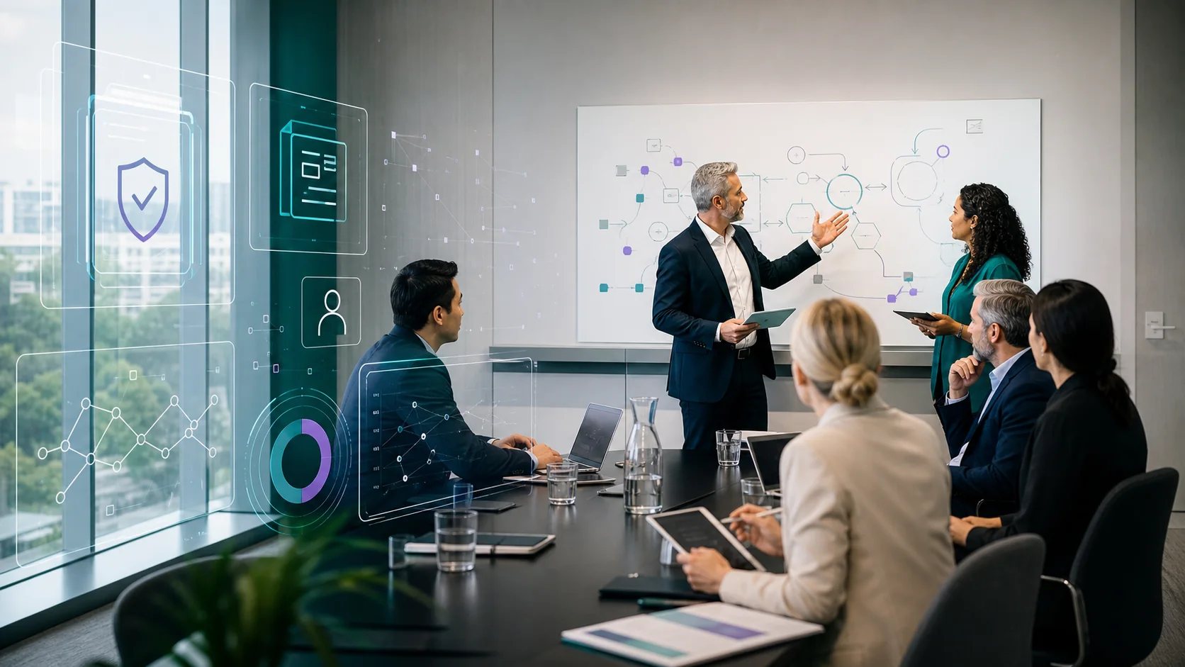 Business leaders and consultants reviewing Microsoft Copilot adoption, governance, and workflow opportunities.