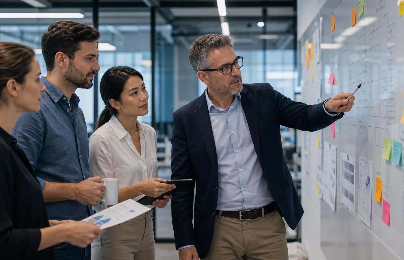 Operations team mapping workflow handoffs on a process board.