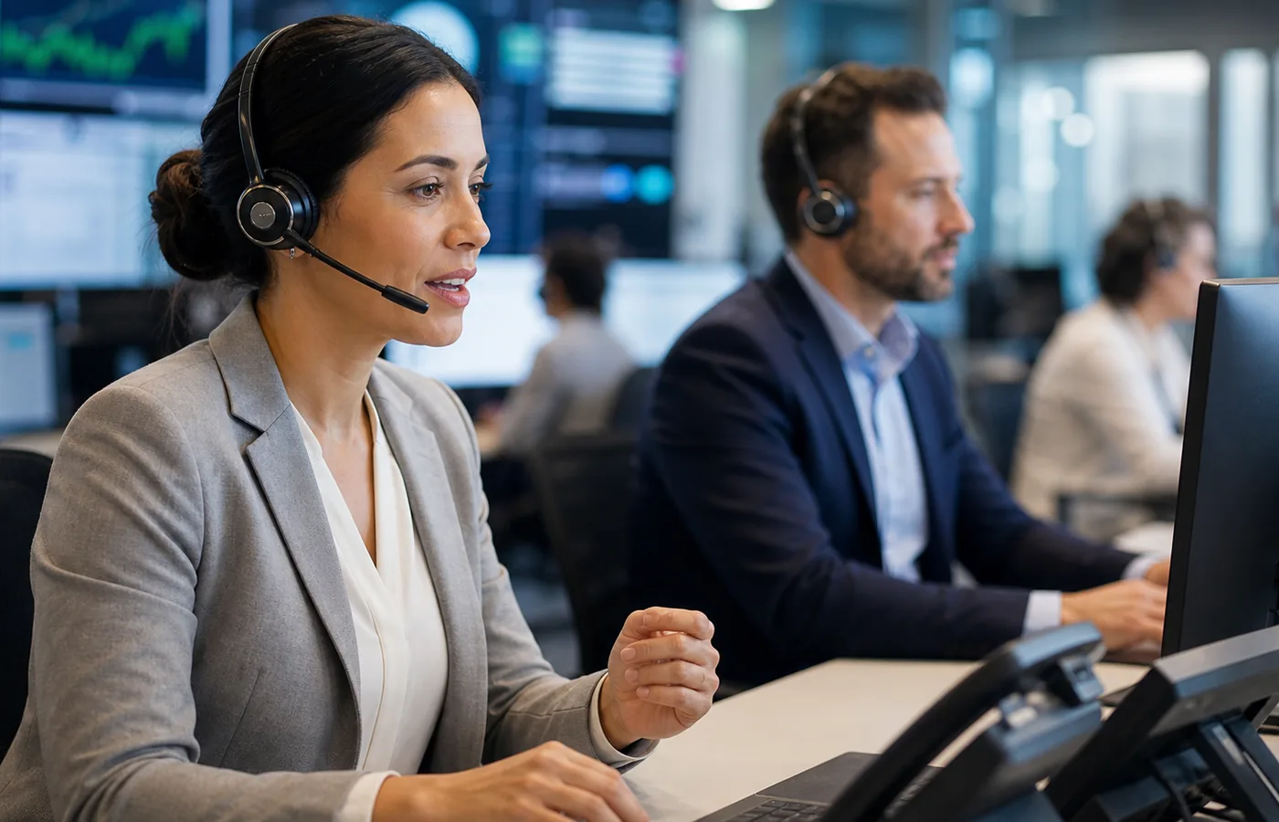 Customer service operators using headsets in a modern contact centre.